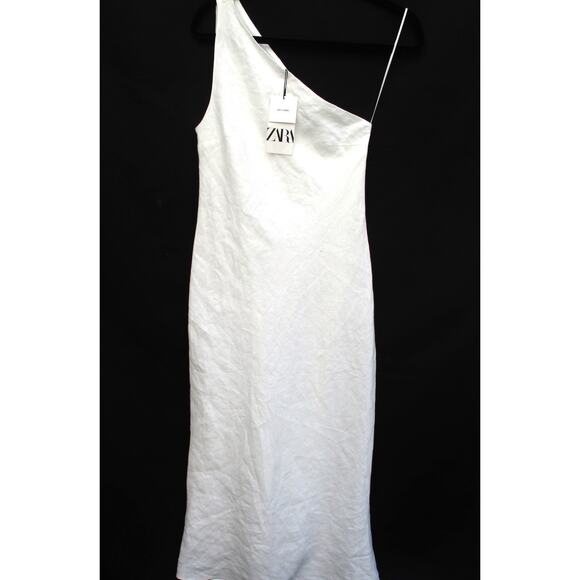 Zara Dresses & Skirts - Nwt ZARA 100% Linen One-Shoulder Asymmetrical Off White Lined Midi Dress Sz M